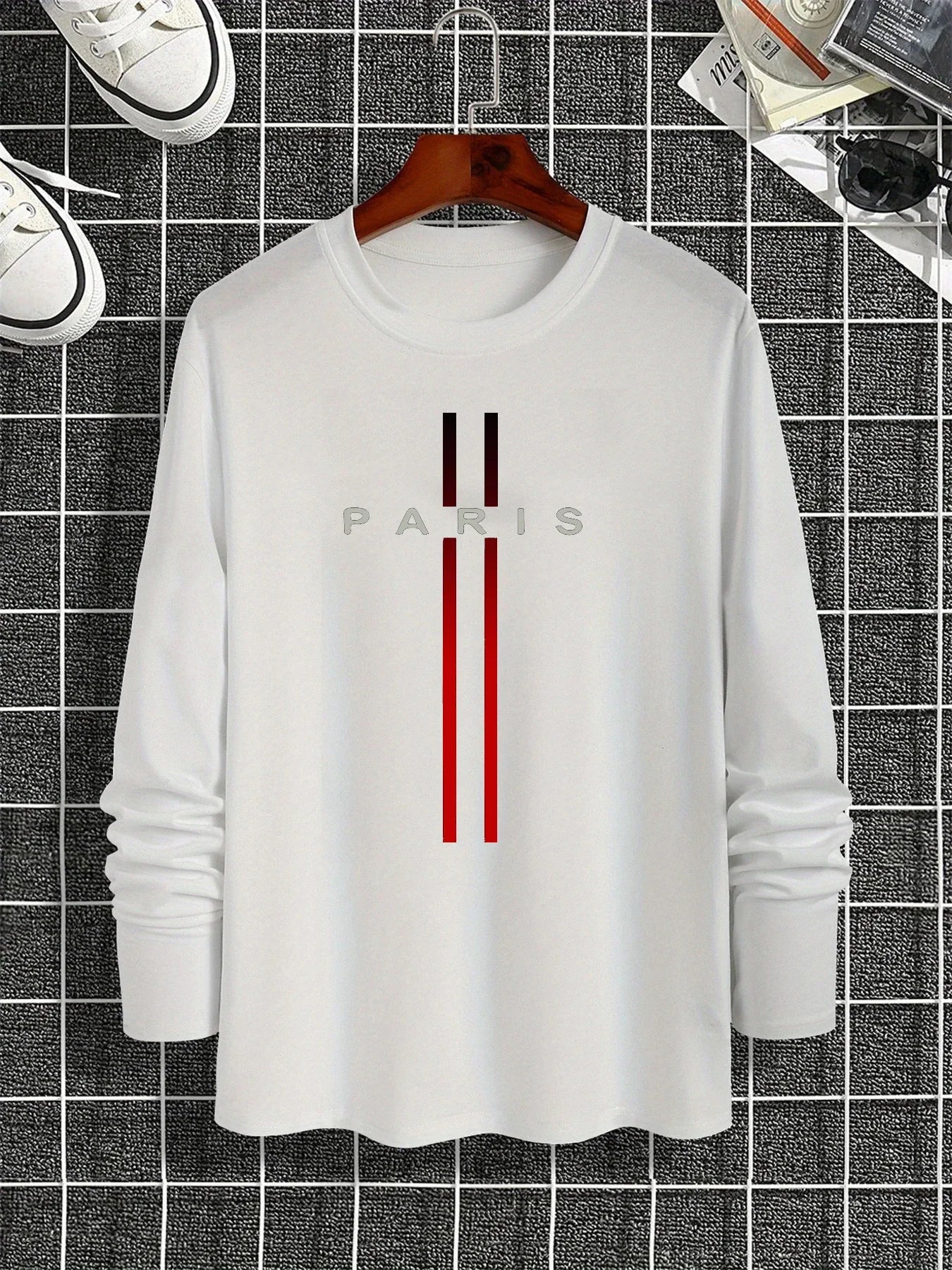Men's Spring and Autumn 100% Cotton Loose and Comfortable Casual Paris Pattern Printed Round Neck Long Sleeve T-shirt    Home Decor Supply | Online Retail | ShoreShopper.com