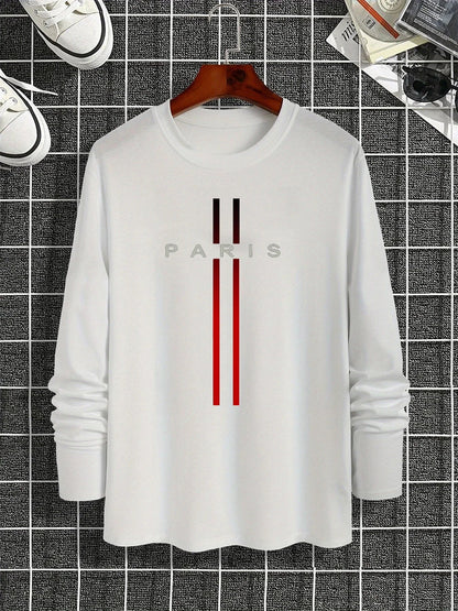 Men's Spring and Autumn 100% Cotton Loose and Comfortable Casual Paris Pattern Printed Round Neck Long Sleeve T-shirt    Home Decor Supply | Online Retail | ShoreShopper.com