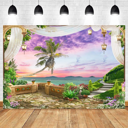 Summer Seaside Beach Photography Backdrop Natural Scenery Castle Tropical Sunshine Palms Leaves Photo Background Studio Props    Your Coastal Marketplace | Shoreshopper.com
