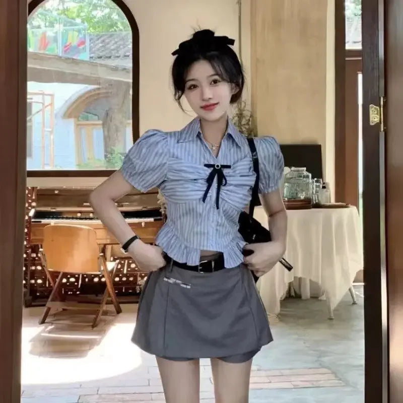 Bow-rinked Striped Shirt for Women Summer French Sweet and Spicy Puff Sleeve Shirt Short Short Sleeve Top    Home Decor Supply | Online Retail | ShoreShopper.com
