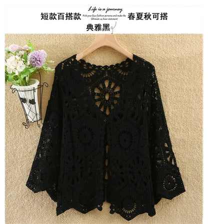 Women's Shirt 2025 Hollow out New Female Coat Knitted Shirt Lace Thin Hook Flower Loose Solid Color Fashion Top Hoodie Versatile    Your Coastal Marketplace | Shoreshopper.com