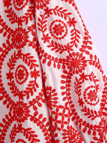 Women Red Floral Embroidered Shirt V Neck Long Sleeve Blouse Down Bohemian T-Shirt Casual Vacation Style Summer Clothing    Your Coastal Marketplace | Shoreshopper.com