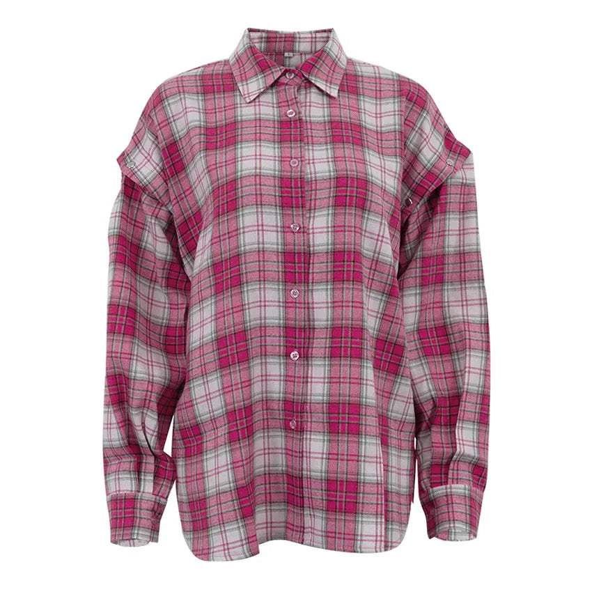 Pink Plaid Shirt for Women in Europe and America New Versatile Loose Shirt for Women Removable Long-sleeved Lapel Top    Home Decor Supply | Online Retail | ShoreShopper.com