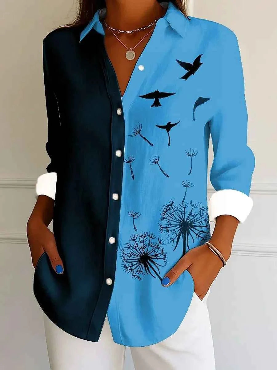 Women's Shirt For Spring Autumn Tops Elegant Dandelion Floral Graphic Bird Pint Long Sleeve Shirt Streetwear Casual Ladies Shirt