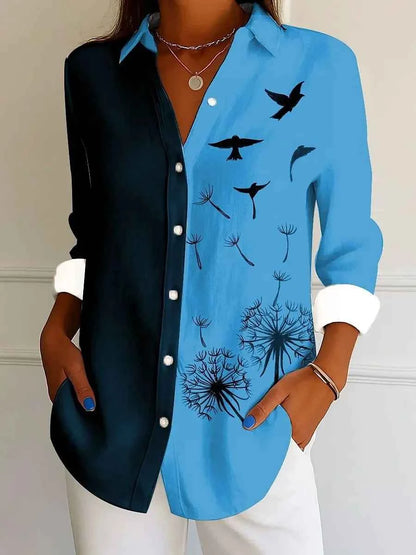 Women's Shirt For Spring Autumn Tops Elegant Dandelion Floral Graphic Bird Pint Long Sleeve Shirt Streetwear Casual Ladies Shirt