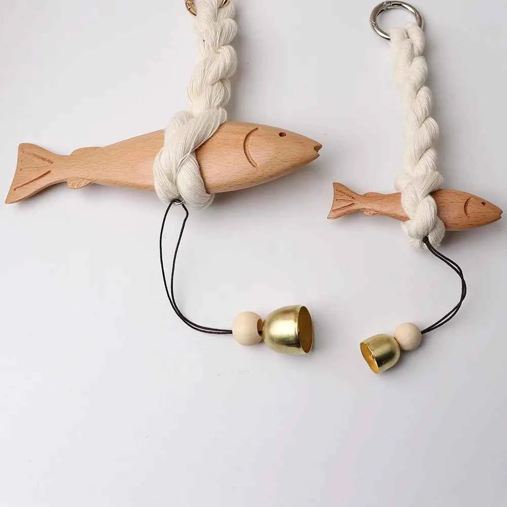 Marine Beach Themed Wood Fish Sculpture Hand Carved with Bell Fish Wall Hanging Decor Rustic Handcrafted