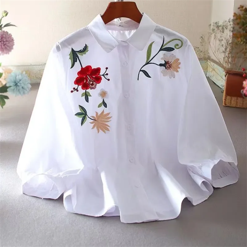 Embroidered Shirt For Women Blouse Artistic Blous Retro Woman Blouse Loose Top Lapel Cardigan Summer Leisure Woman Clothes Shirt    Your Coastal Marketplace | Shoreshopper.com