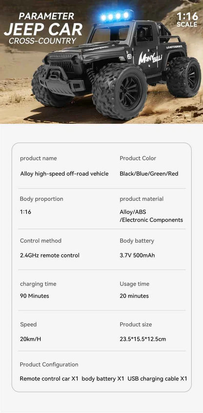 RC Off road Truck 1/16 4WD RTR Durable Beginner All Terrain RC Car High Speed 20Km/h Remote Control Monster Truck Adult Gift Toy