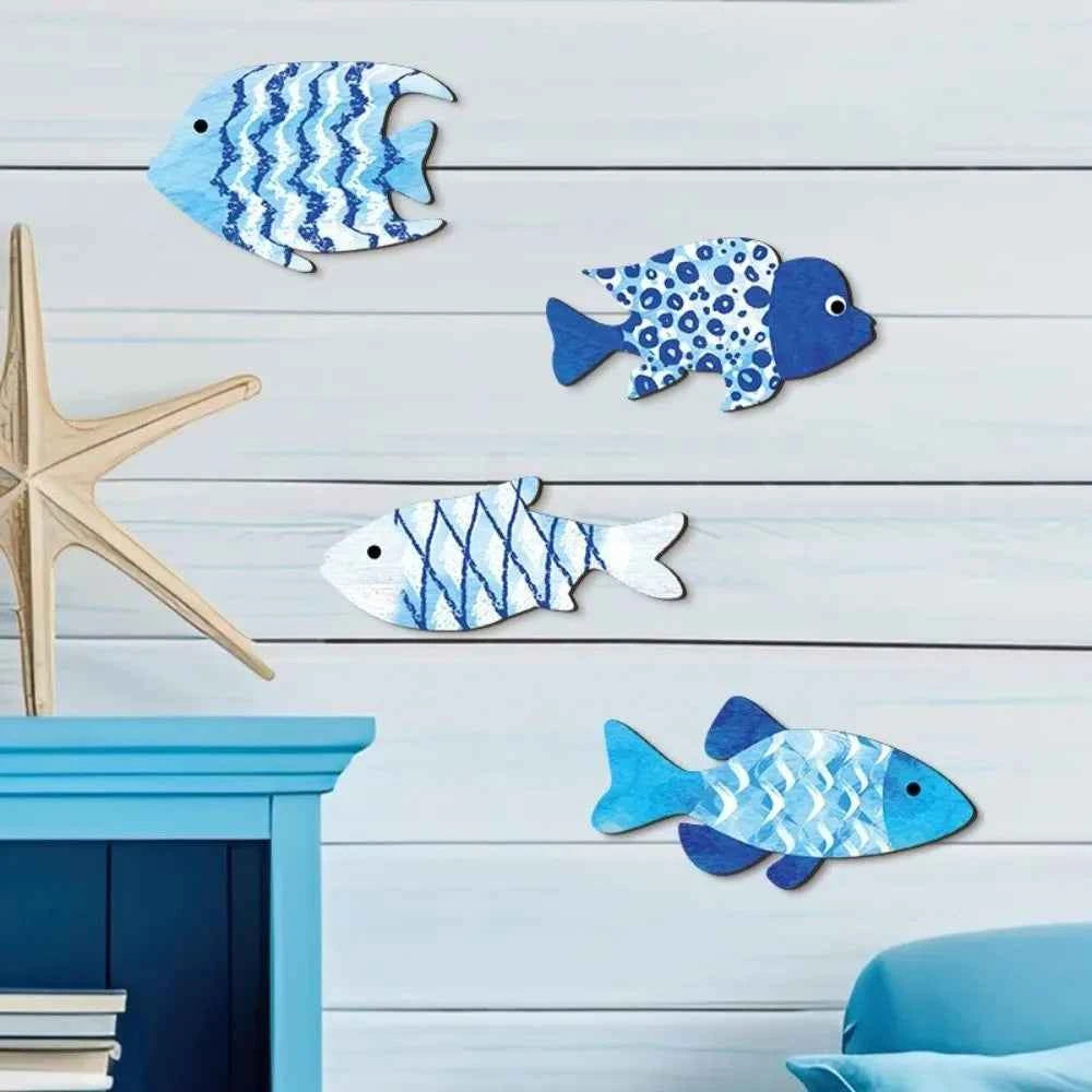 Marine Style Wooden Fish Wall Decor Ocean Theme School of Fish Fish Hanging Decor Handcrafted Rustic Carving Fish Pendant