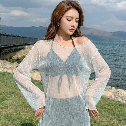 Beachwear Ruffles Bikini Set Slim Fit Lace-up Long Sleeve Swimsuit Sun Protection Transparent Pullover Swimming Suit Resort    Your Coastal Marketplace | Shoreshopper.com