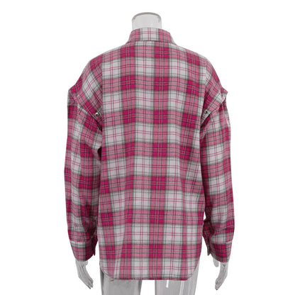 Pink Plaid Shirt for Women in Europe and America New Versatile Loose Shirt for Women Removable Long-sleeved Lapel Top    Home Decor Supply | Online Retail | ShoreShopper.com
