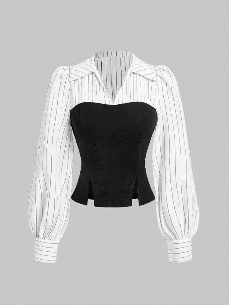Women Elegant Striped Shirt Business Casual Office Blouse with Lapel Spliced Design Fashion Slim Fit Work Shirt    Your Coastal Marketplace | Shoreshopper.com