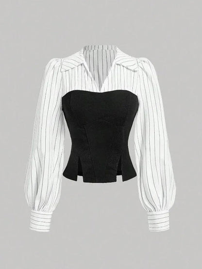 Women Elegant Striped Shirt Business Casual Office Blouse with Lapel Spliced Design Fashion Slim Fit Work Shirt    Your Coastal Marketplace | Shoreshopper.com
