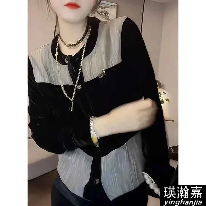 Fashionable Women's Shirt 2025 Autumn New Round Neck Single-breasted Cardigan Spliced   sequin Velvet Shirt