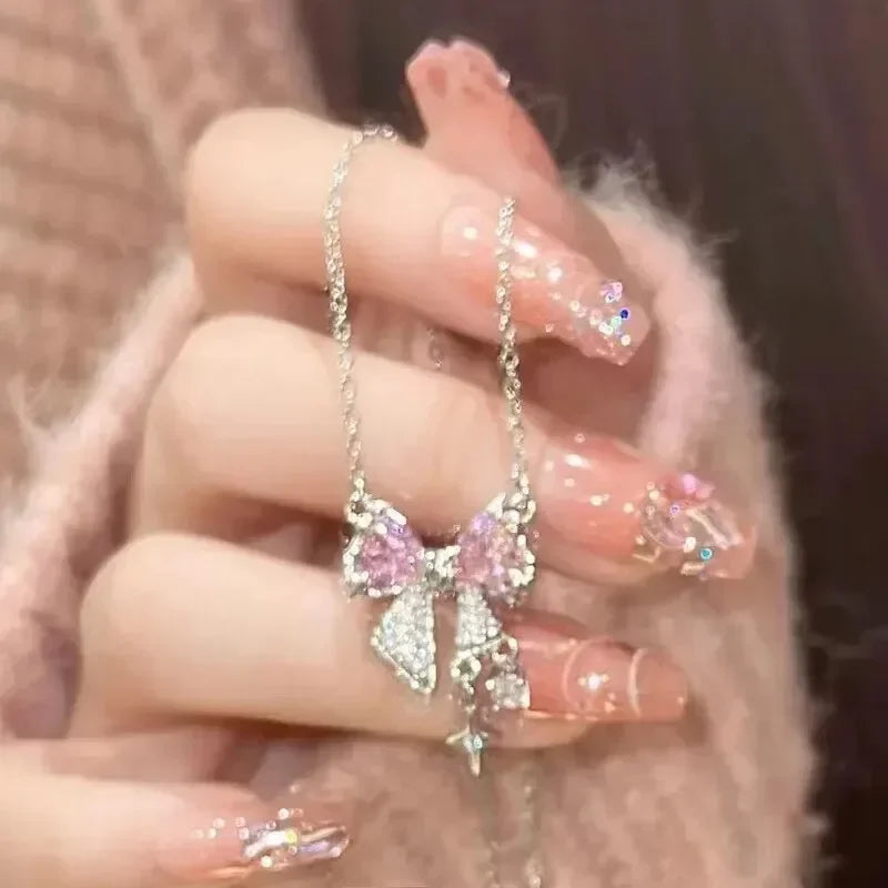 Fashion Fairy Pink Crystal Bow Knot Pendant Necklaces Y2K Girls Sweet Rhinestone Heart Clavicle Chain Women Jewelry Gifts    Home Decor Supply | Online Retail | ShoreShopper.com