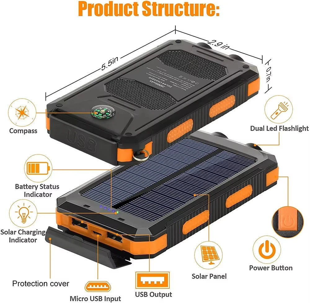 Solar Power Bank 10000mAh Portable Charging Poverbank External Battery Charger Strong Light LDE Light for All Smartphones    Home Decor Supply | Online Retail | ShoreShopper.com