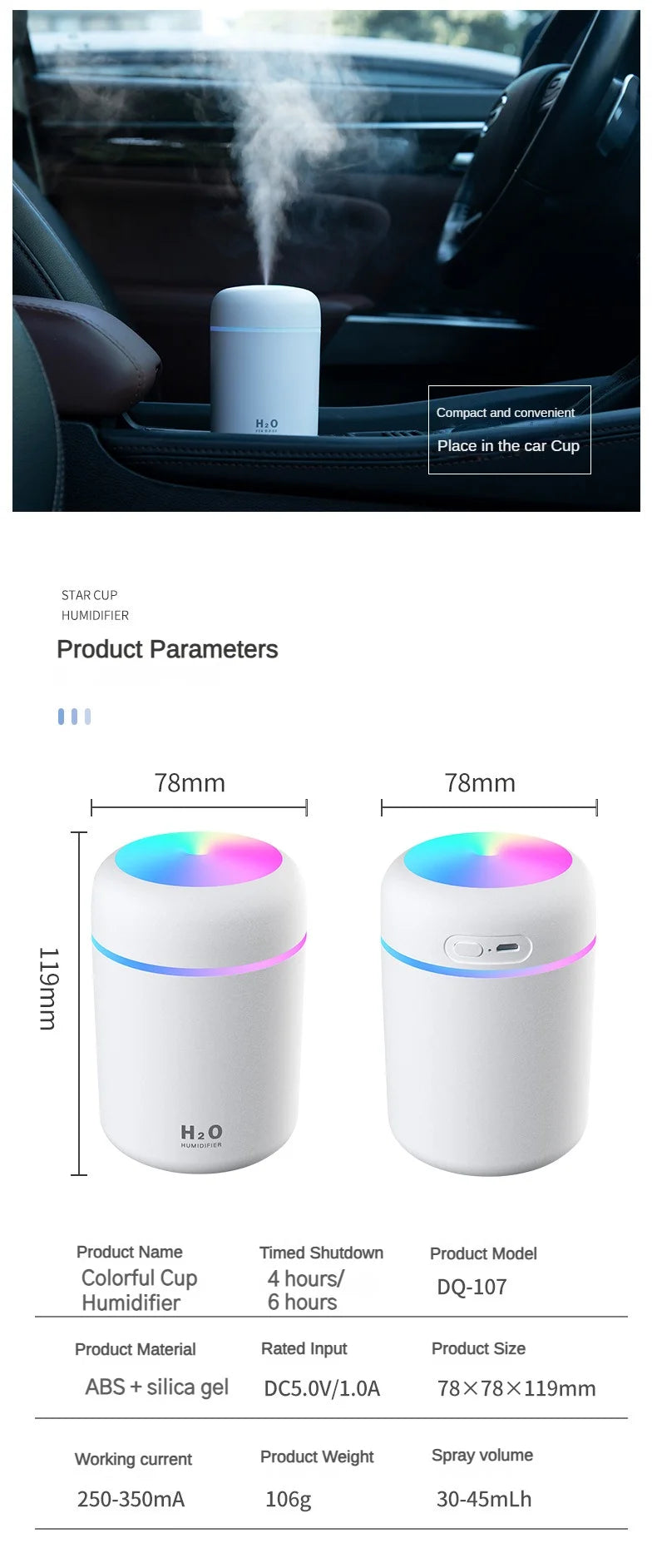 Portable Mini Air Humidifier For Bedroom,Personal Desktop,Car With Colorful Mood Lighting 2 Mist Modes And Auto Shut-Off - ShoreCo.Shop