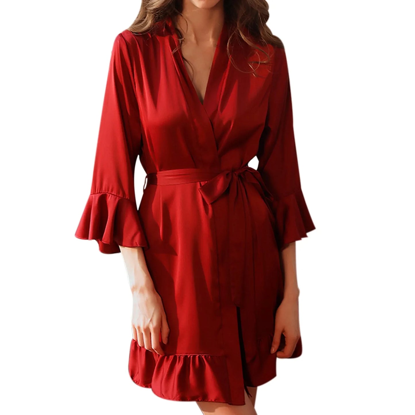 Sexy Flare Sleeve Kimono Gown Women Wedding Robe Silk Rayon Home Dress Elegant Ruffle Sleepwear Cozy Nightgown Intimate Lingerie - ShoreCo.Shop