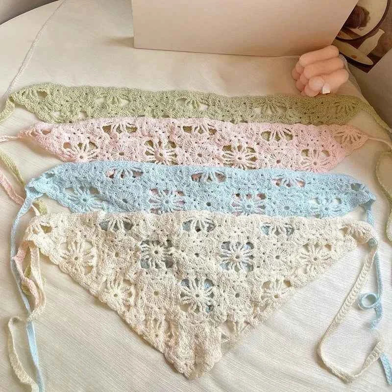Fashion Knitted Headscarf Hat French Pastoral Style Triangle Headband Handmade Crochet Headband Towel Retro Flower Headscarf
