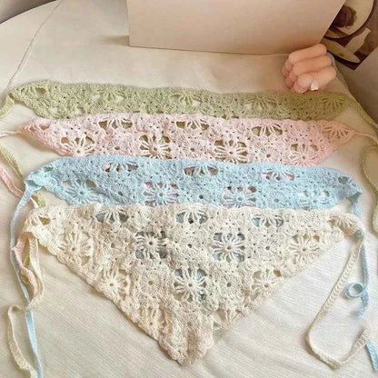 Fashion Knitted Headscarf Hat French Pastoral Style Triangle Headband Handmade Crochet Headband Towel Retro Flower Headscarf