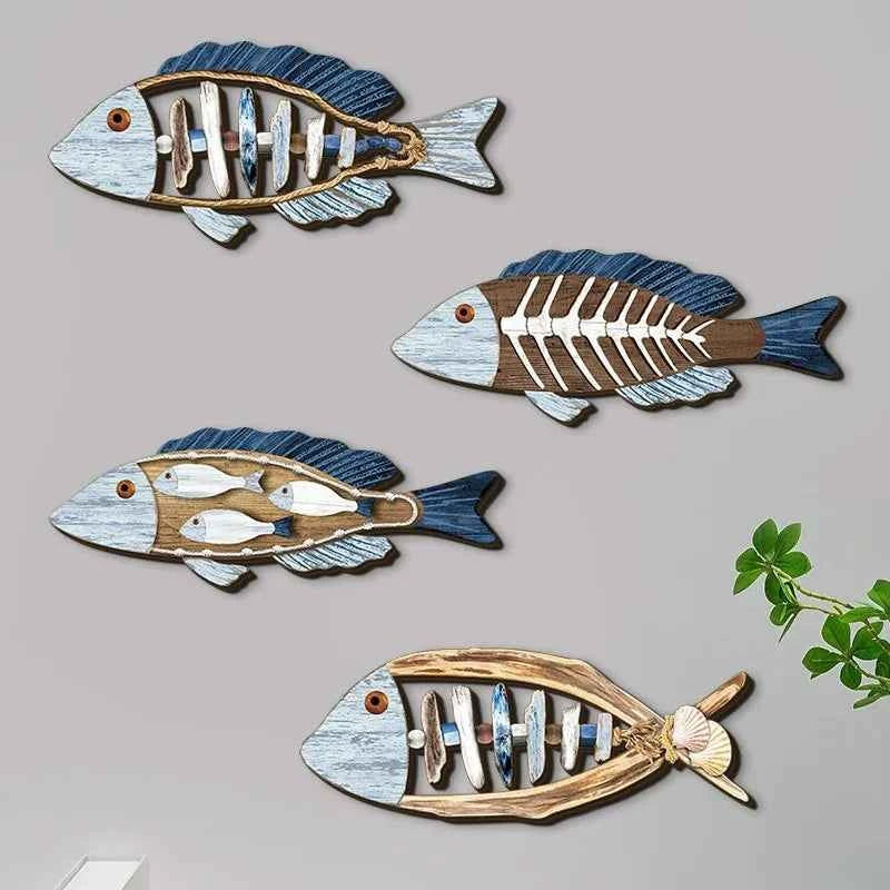4pcs/set Ocean Fish Wall Decor Wooden Carving Art Marine Style Wood Wall Hanging Sculpture for Home Room Decoration