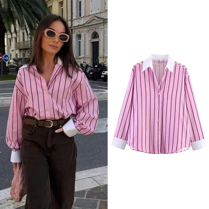 Women's Shirts Spring New Fashion Striped Loose Shirt Women Turn-down Collar Long Sleeves Casual Shirts Female Blouses Chic Tops