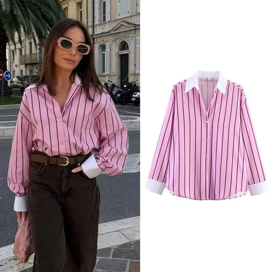 Women's Shirts Spring New Fashion Striped Loose Shirt Women Turn-down Collar Long Sleeves Casual Shirts Female Blouses Chic Tops