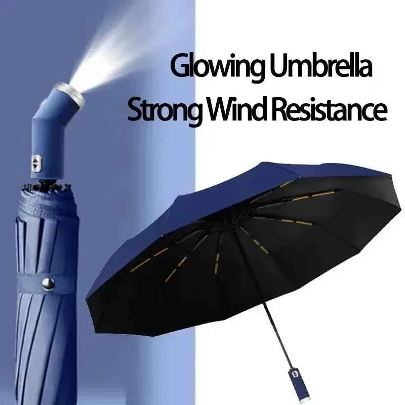 Travel Umbrella with Built-In LED Flashlight Rotating Handle Windproof 10-Rib UV Protection Automatic Open Design
