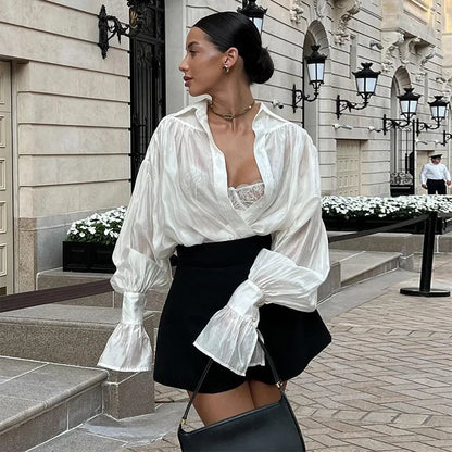 Women's Shirt Long Sleeve Turn-down Collar Sexy See-through Loose Button Women Shirts Beach Style Simple Solid Color Casual Tops    Your Coastal Marketplace | Shoreshopper.com