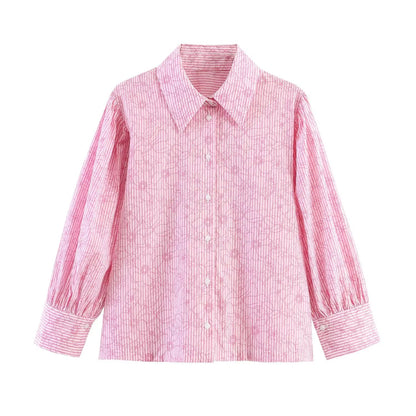 Women's Shirts Spring Summer  Female Lapel Print Striped Shirt Lady Elegant Blouses Casual Temperament Chic Ladies Tops Mujer    Your Coastal Marketplace | Shoreshopper.com