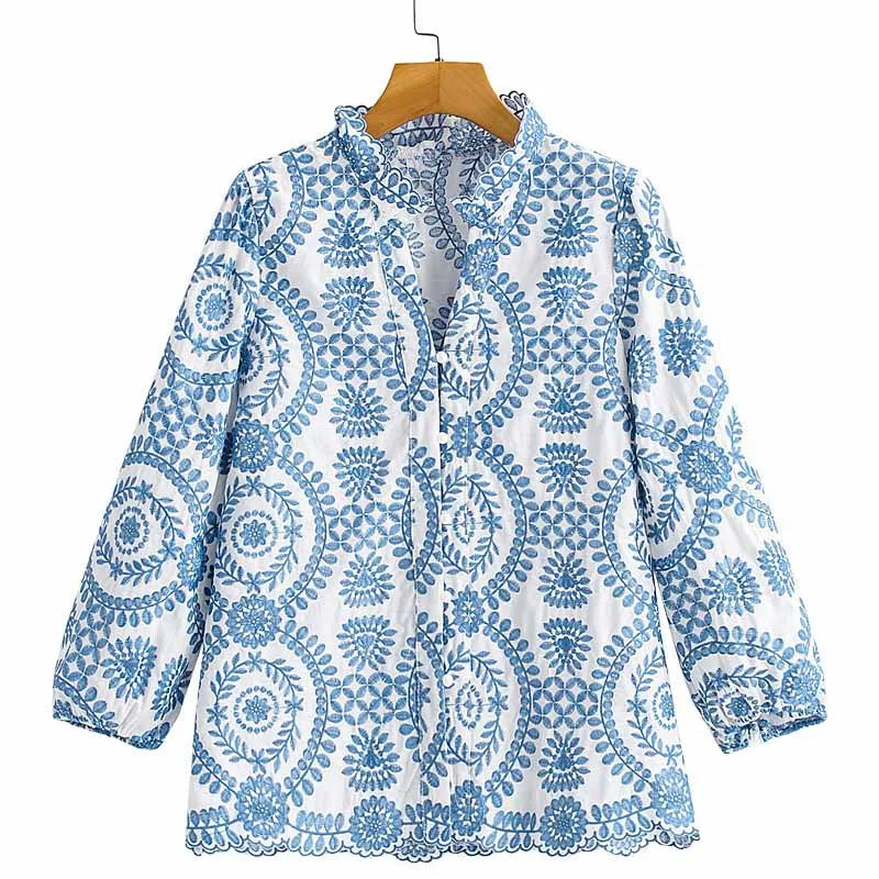 Women Red Floral Embroidered Shirt V Neck Long Sleeve Blouse Down Bohemian T-Shirt Casual Vacation Style Summer Clothing    Your Coastal Marketplace | Shoreshopper.com