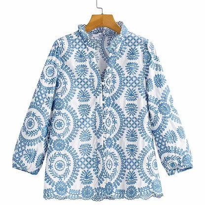 Women Red Floral Embroidered Shirt V Neck Long Sleeve Blouse Down Bohemian T-Shirt Casual Vacation Style Summer Clothing    Your Coastal Marketplace | Shoreshopper.com