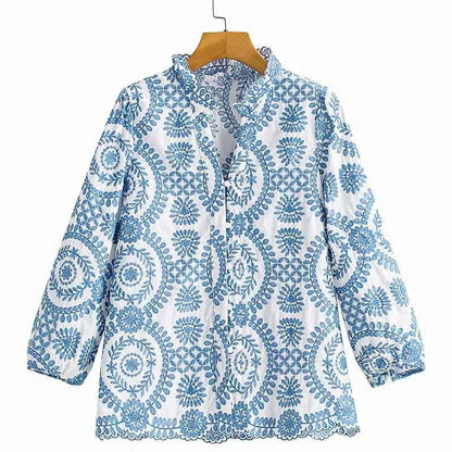 Women Red Floral Embroidered Shirt V Neck Long Sleeve Blouse Down Bohemian T-Shirt Casual Vacation Style Summer Clothing