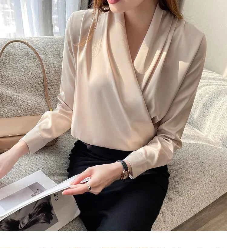 Women's Shirt, New 2026 Spring & Autumn Style, Cross V-Neck Long Sleeve Versatile Top