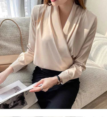 Women's Shirt, New 2026 Spring & Autumn Style, Cross V-Neck Long Sleeve Versatile Top
