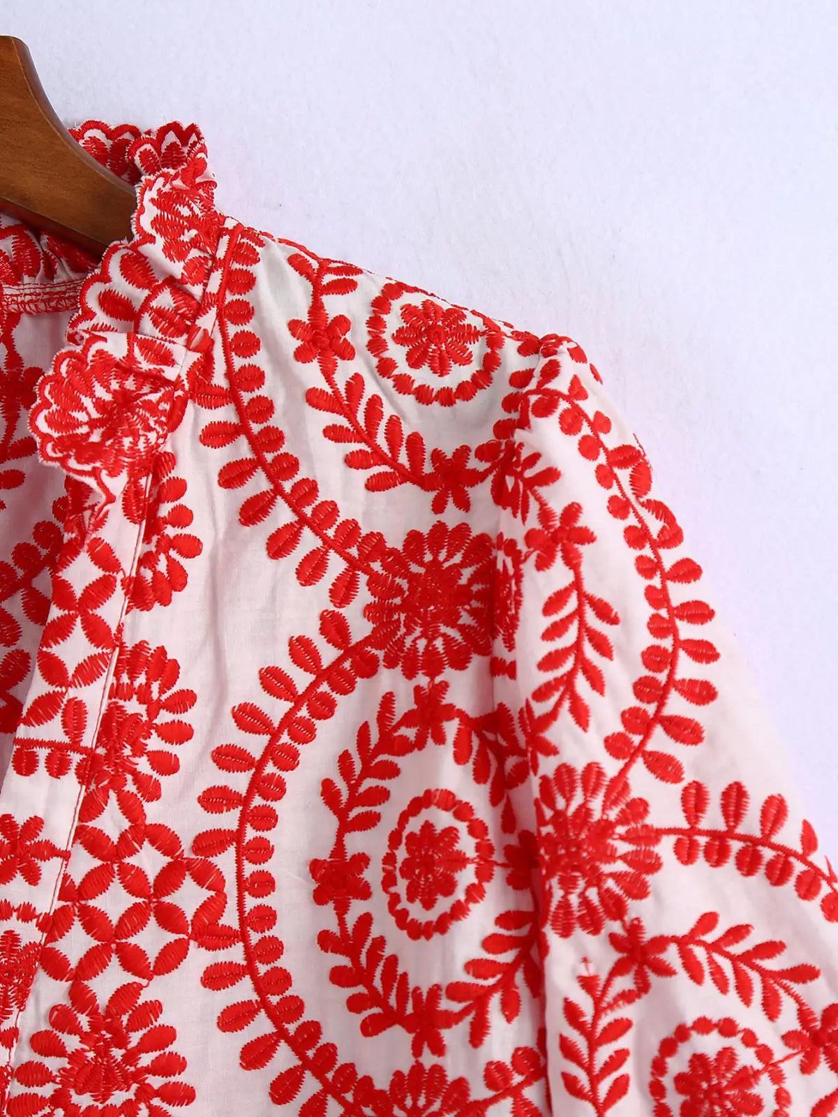 Women Red Floral Embroidered Shirt V Neck Long Sleeve Blouse Down Bohemian T-Shirt Casual Vacation Style Summer Clothing    Your Coastal Marketplace | Shoreshopper.com