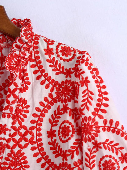 Women Red Floral Embroidered Shirt V Neck Long Sleeve Blouse Down Bohemian T-Shirt Casual Vacation Style Summer Clothing    Your Coastal Marketplace | Shoreshopper.com