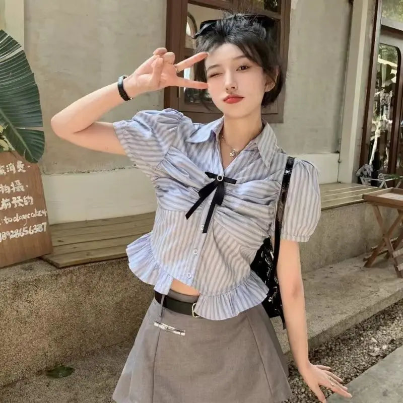 Bow-rinked Striped Shirt for Women Summer French Sweet and Spicy Puff Sleeve Shirt Short Short Sleeve Top    Home Decor Supply | Online Retail | ShoreShopper.com