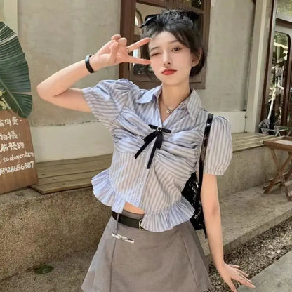 Bow-rinked Striped Shirt for Women Summer French Sweet and Spicy Puff Sleeve Shirt Short Short Sleeve Top    Home Decor Supply | Online Retail | ShoreShopper.com