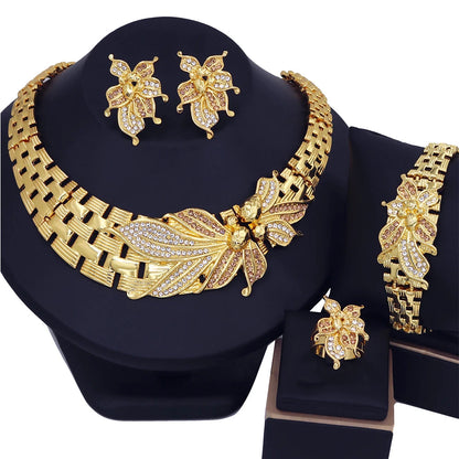 YTJX Wedding Jewelry Set Africal Big Flower Choker Necklace Fine Zircon Bracelet Piercing Earring Ring 18K Gold Plated Jewellery    Home Decor Supply | Online Retail | ShoreShopper.com