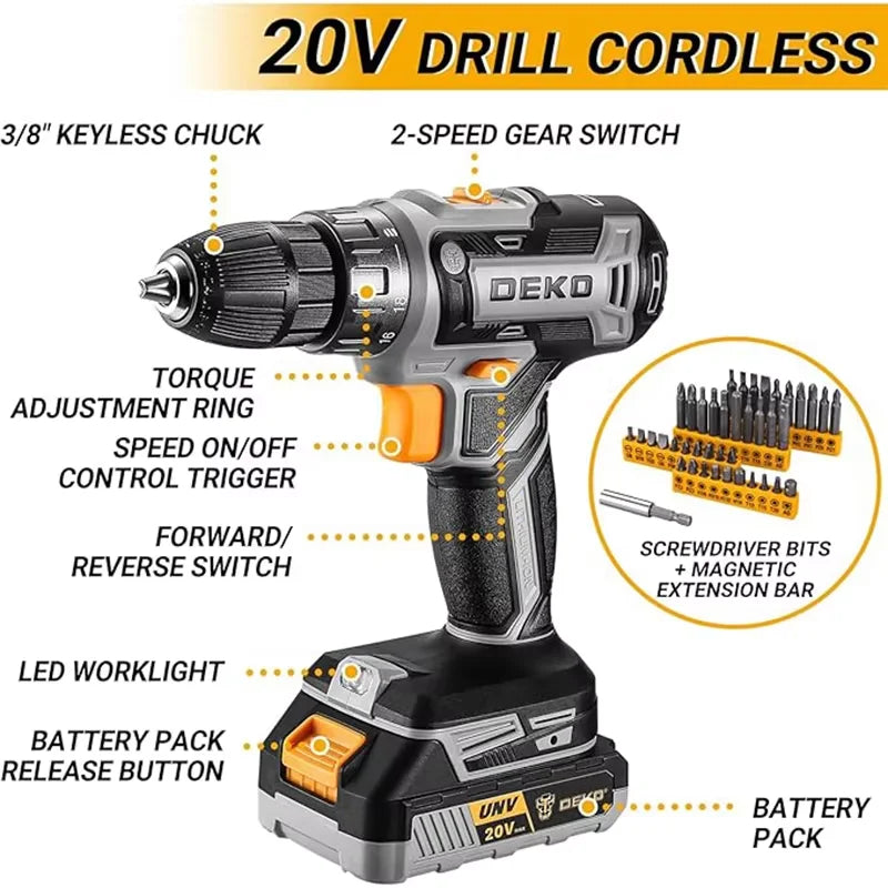 20V DEKO  cordless drill kit with battery,  manual repair, men's drill,basic toolbox, suitable for household tools - ShoreCo.Shop
