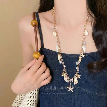Seaside Style Sea Star Shell Beads Necklace Womens Summer Beach Vacation Neck Chain Bohemian Jewelry Accessories Gift