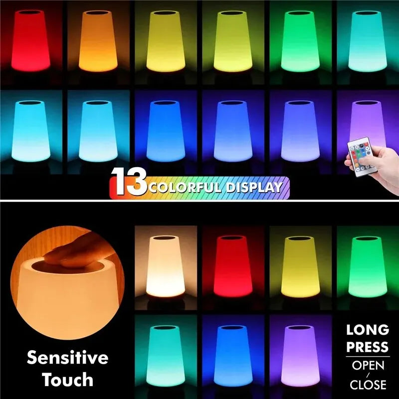13 Color Changing Night Light Remote Control Touch USB Rechargeable RGB Night Lamp Dimmable Lamp Portable Table Bedside Lamp - ShoreCo.Shop