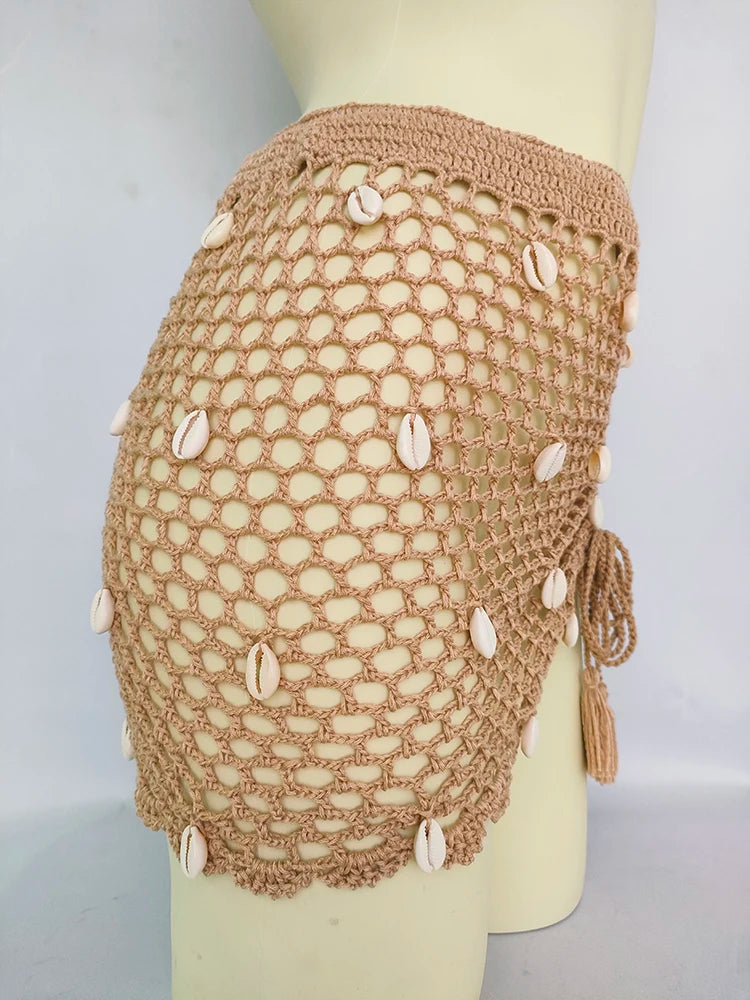 Women Beach Wear Swimsuit Cover-Ups Boho Summer See-Through Hollow Out Bandage High Waist Short Beach Skirt Crochet Knit Skirts    Your Coastal Marketplace | Shoreshopper.com