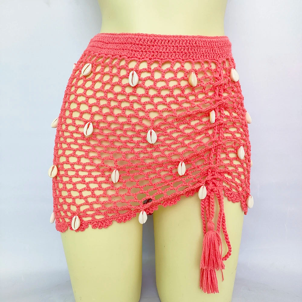 Women Beach Wear Swimsuit Cover-Ups Boho Summer See-Through Hollow Out Bandage High Waist Short Beach Skirt Crochet Knit Skirts    Your Coastal Marketplace | Shoreshopper.com