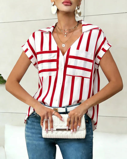 Women's Blouse Shirt Summer Top Navy White Top Vertical Stripe V Neck Short Sleeve Sleek Stylish Daily Shirt Casual Tops    Your Coastal Marketplace | Shoreshopper.com