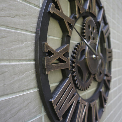 Vintage Style Industrial Wall Clock with Roman Numerals Visible 3D Gears 11"-17" Gold or Silver    Home Decor Supply | Online Retail | ShoreShopper.com