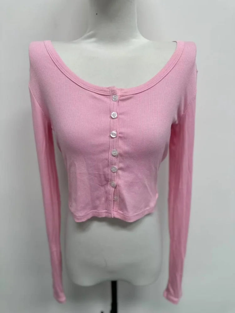 Single Breasted Tshirt Long Sleeve Crop Top Solid Color T Shirts For Women Streetwear Slim Fit Lady Outfit Camisetas Ropa Mujer    Your Coastal Marketplace | Shoreshopper.com