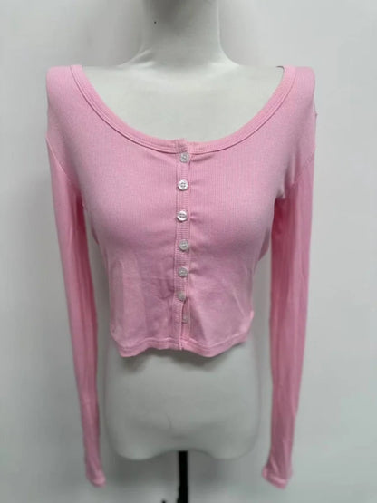 Single Breasted Tshirt Long Sleeve Crop Top Solid Color T Shirts For Women Streetwear Slim Fit Lady Outfit Camisetas Ropa Mujer    Your Coastal Marketplace | Shoreshopper.com