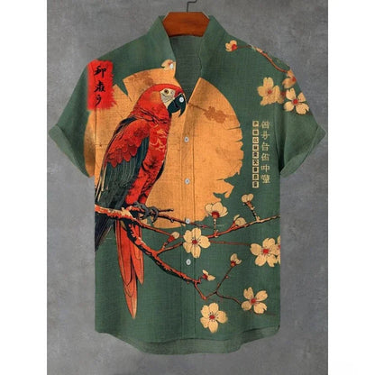 Men's Japanese Parrot Sakura Art Print Casual Shirt Men Blouses Summer Stand Collar Shirts Hawaiian Top Streetwear    Home Decor Supply | Online Retail | ShoreShopper.com